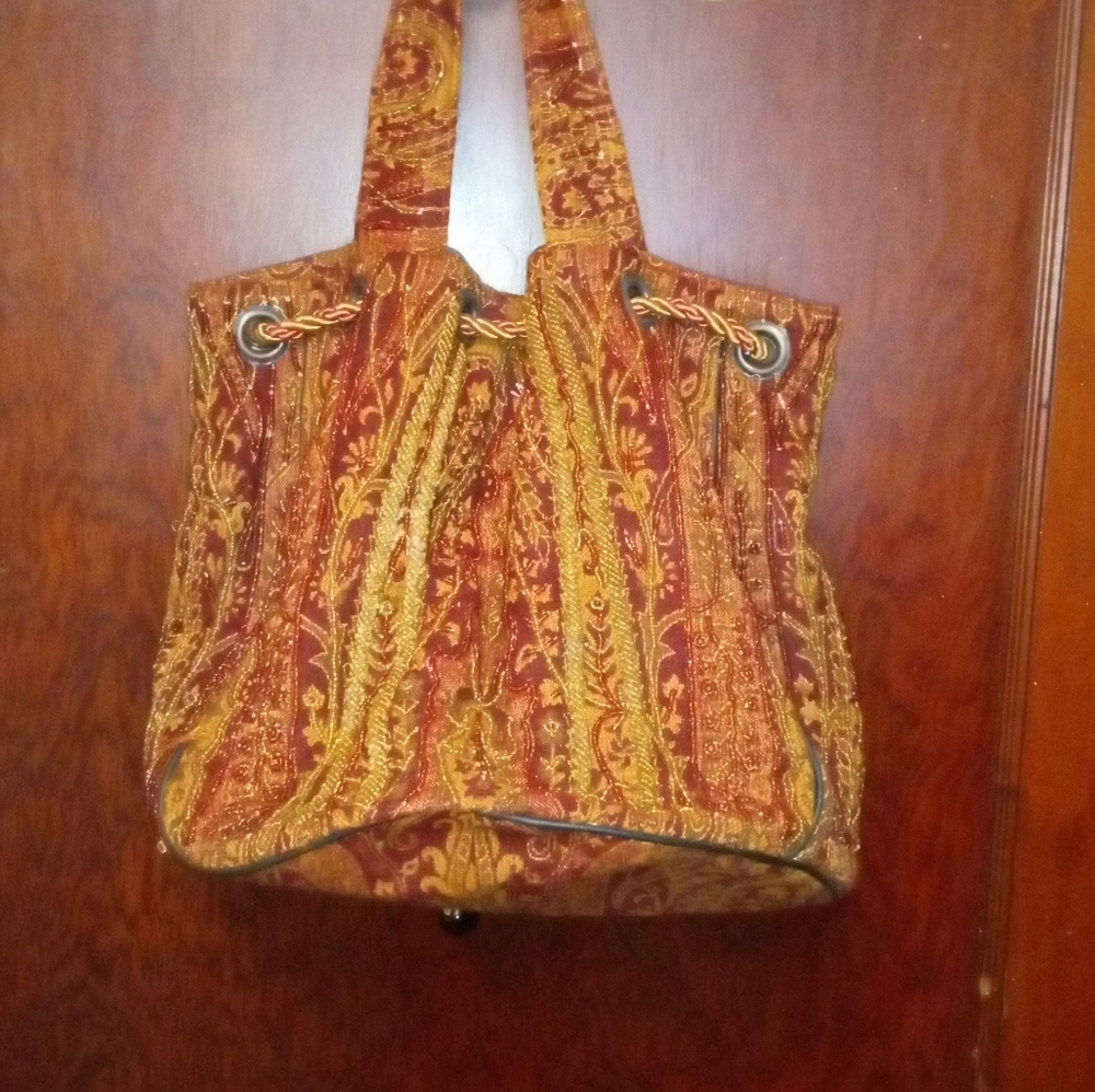 Newport News Beaded Multi colored Tapestry hobo bag w/corded tie black b… - Picture 2 of 6